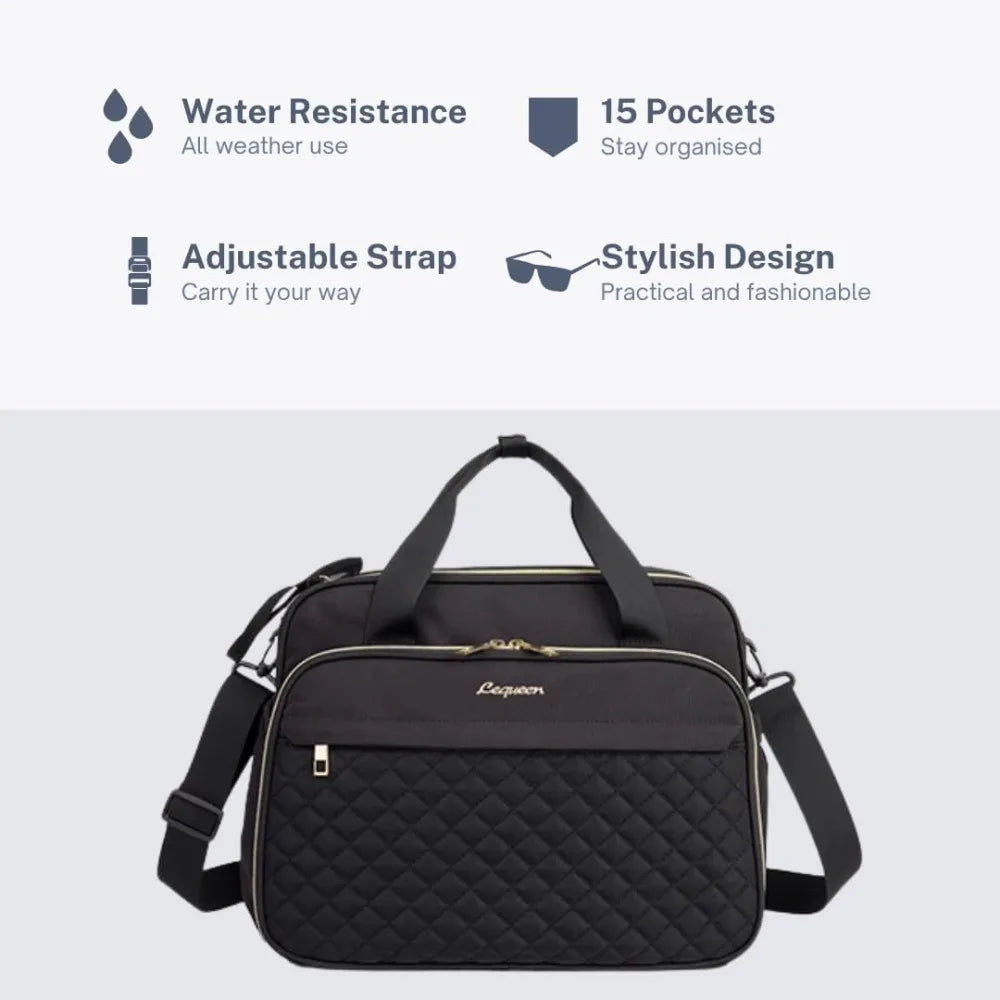 Black quilted waterproof diaper bag with gold zippers, adjustable strap, and top handles.