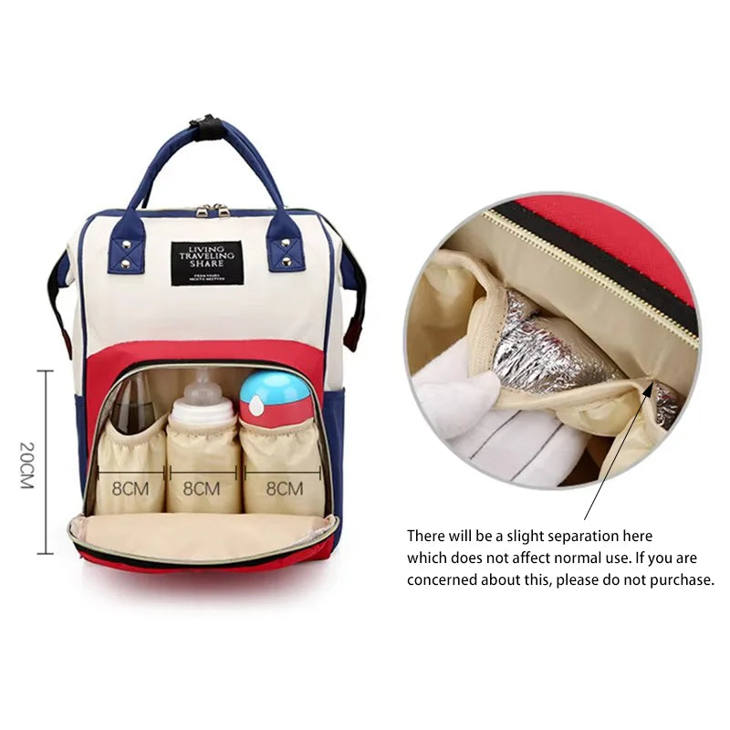 Multifunctional canvas diaper backpack in red, white, and blue with a thermal bottle compartment.