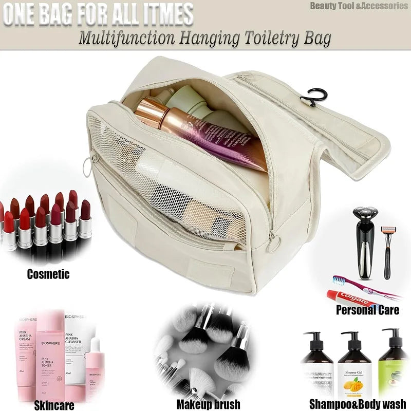 Beige waterproof hanging toiletry bag with multiple compartments, holding cosmetics, skincare, and personal care items.