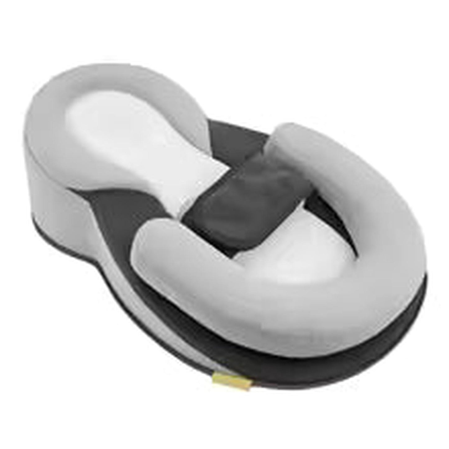 Gray and white U-shaped baby nursing and feeding pillow with safety straps, made of soft cotton.