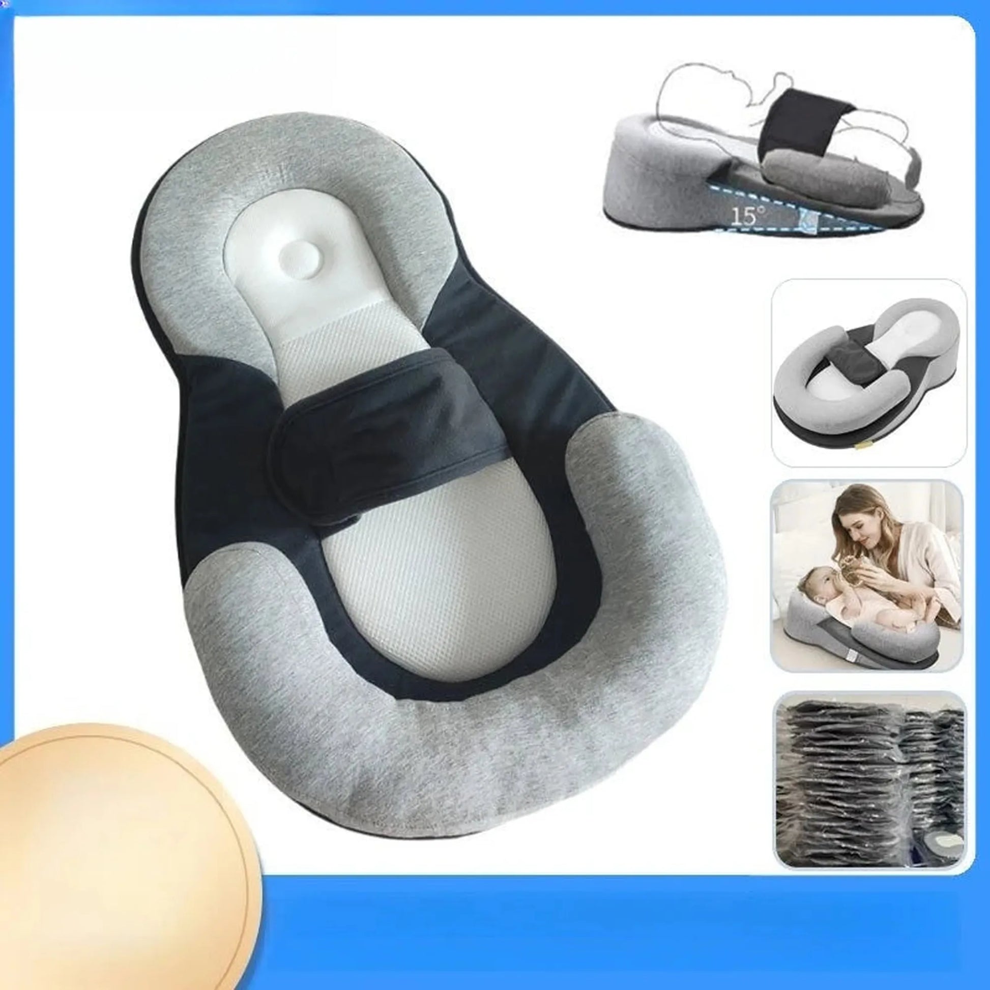 Gray and black U-shaped baby nursing and feeding pillow with a 15-degree anti-reflux incline and safety straps.