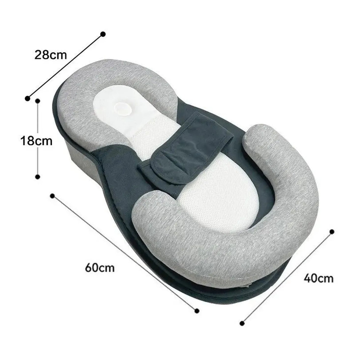 Gray U-shaped baby nursing and feeding pillow with safety straps, anti-reflux incline, and cotton material.