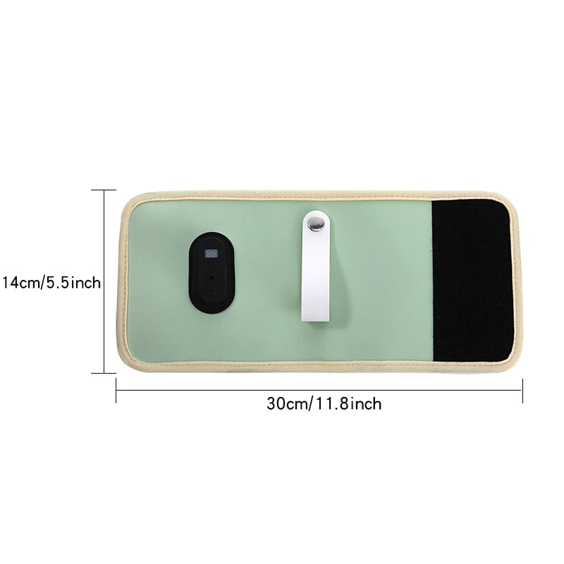 Portable USB baby bottle warmer in light green with a digital display, black controls, and white strap, measuring 30x14cm.