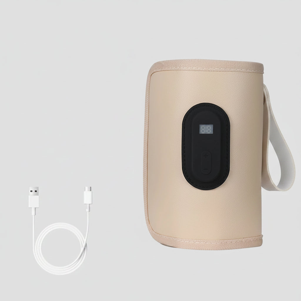 Beige portable USB baby bottle warmer with digital display and temperature controls, shown with a white USB cable.