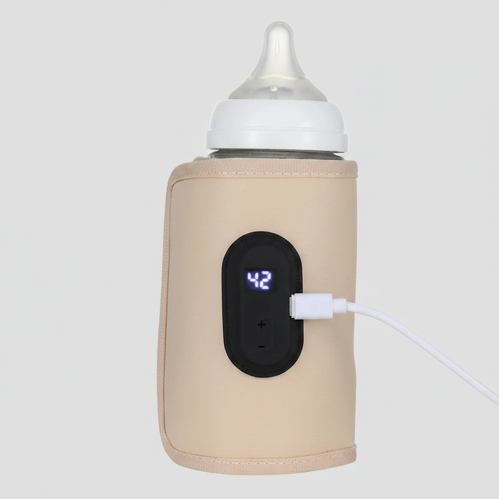 Beige portable USB baby bottle warmer with digital temperature display and white charging cable.