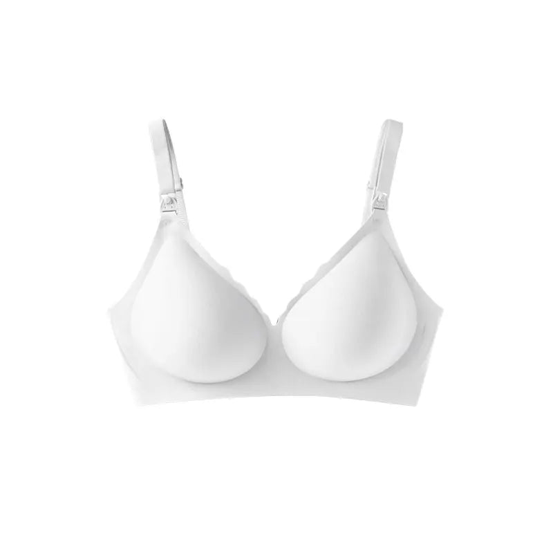 White wireless V-neck nursing bra with adjustable straps and removable pads.