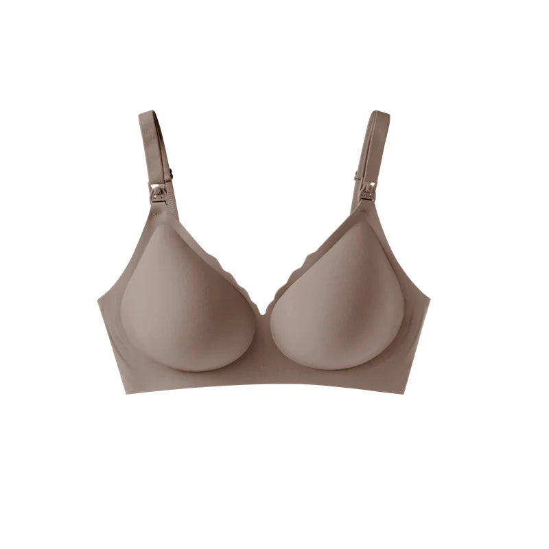 Elastic wireless V-neck nursing bra in a neutral beige color, featuring soft cups and adjustable straps.