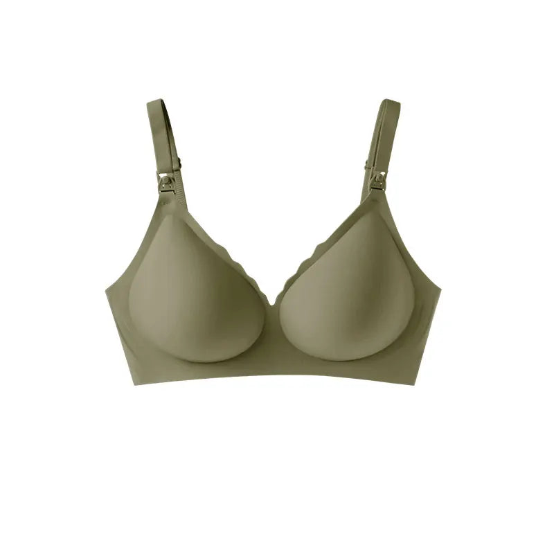 Olive green V-neck wireless nursing bra with adjustable straps and easy-open clips.