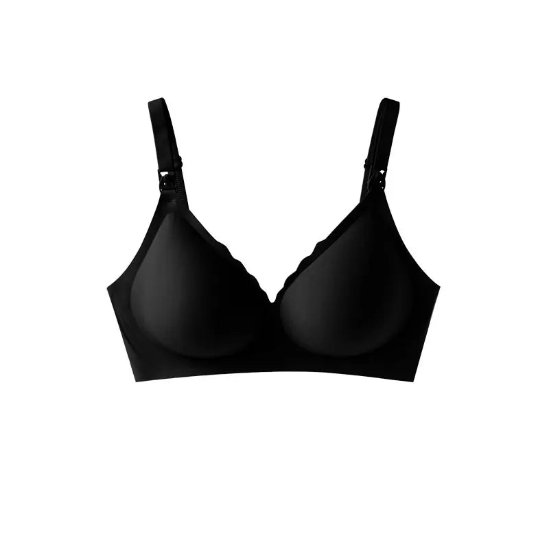 Black wireless V-neck elastic nursing bra with adjustable straps and removable pads.