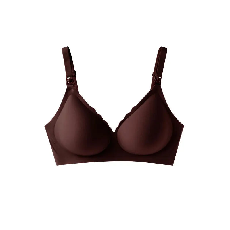 Brown wireless V-neck maternity nursing bra with adjustable straps and removable pads.
