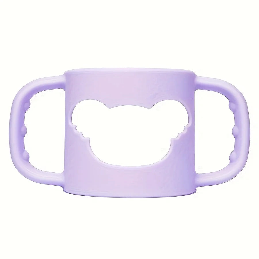 Soft lavender silicone baby bottle handle with bear-shaped cutout, flexible and non-slip.