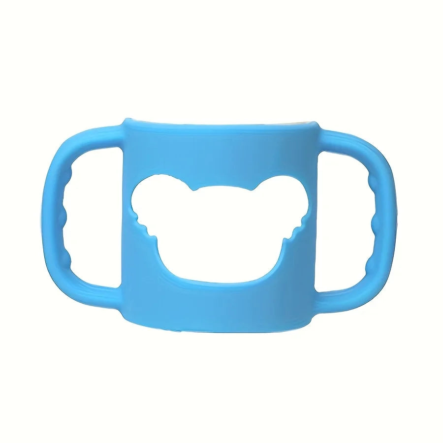 Soft blue silicone baby bottle handle with bear-shaped cutout, flexible and non-slip.