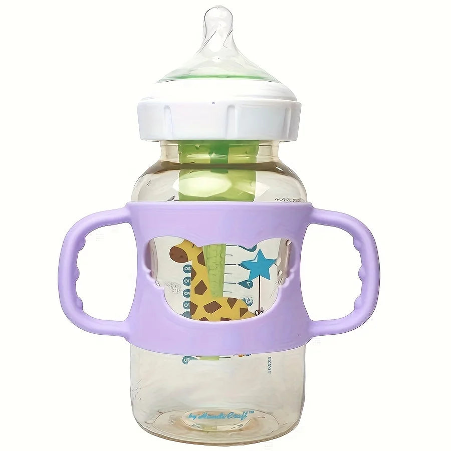 Purple silicone baby bottle handle with two grips, featuring a giraffe cutout design.