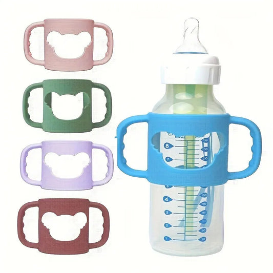 Soft silicone baby bottle handles in pink, green, lavender, brown, and blue, with a bear cutout design.